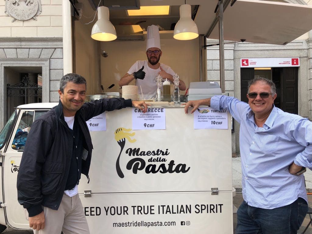Maestri della Pasta founders with the original Apecar in Lugano