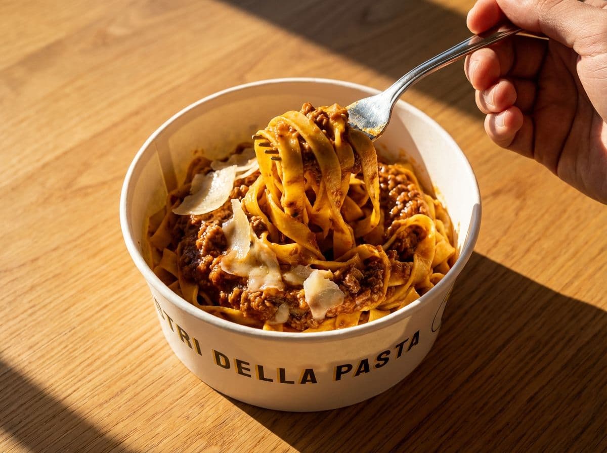 Fork twirling fresh tagliatelle bolognese in a Maestri bowl