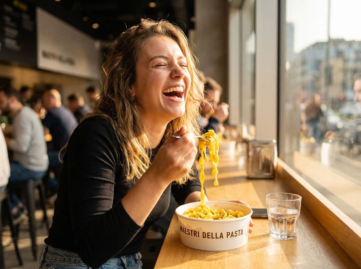 Guest laughing while eating pasta at Maestri della Pasta