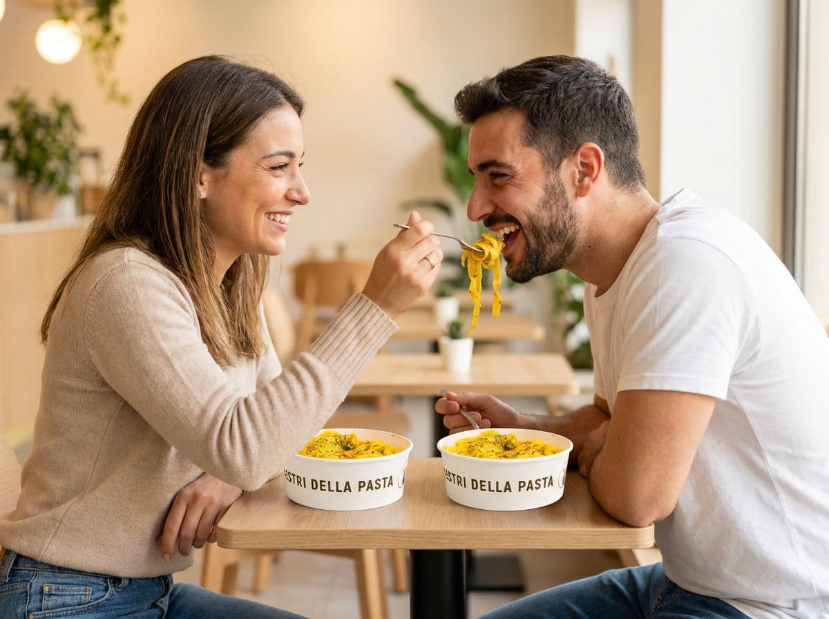 A couple enjoying fresh pasta together at Maestri della Pasta