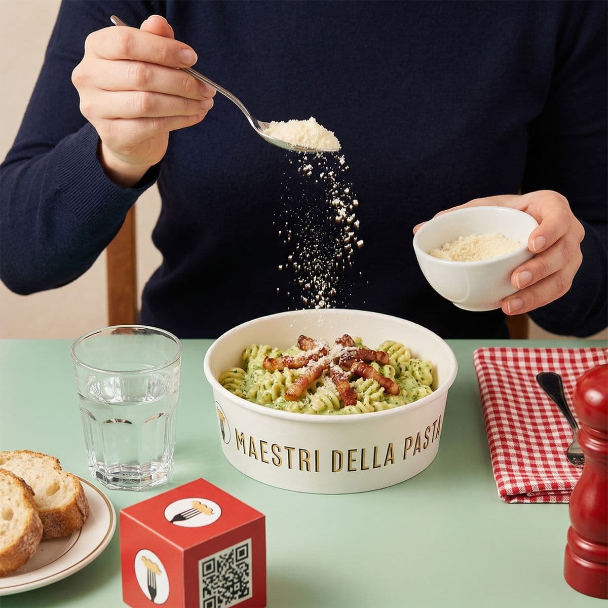 Person sprinkling parmigiano over fusilli pesto at Maestri della Pasta