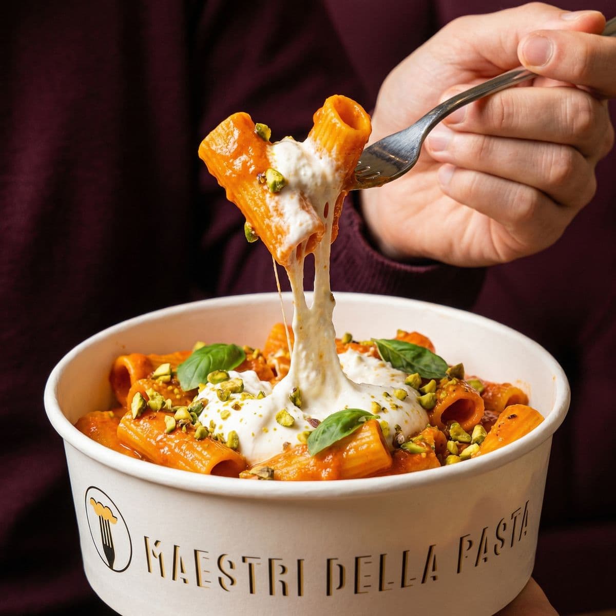 Rigatoni with burrata and pistachios being pulled on a fork