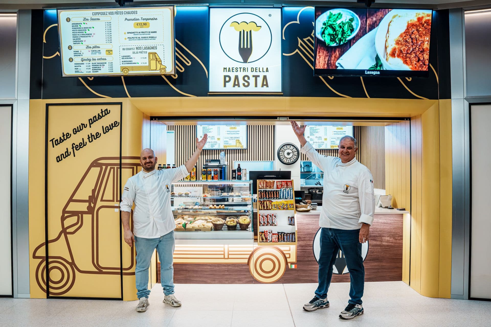 Maestri della Pasta restaurant storefront with warm interior lighting